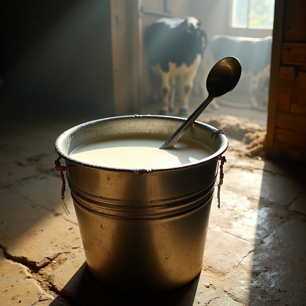 Čerstvé mlieko v kove vedre na farme